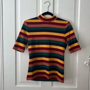 Madewell 70’s Inspired Striped Ribbed Mock Neck Short Sleeve Knit Tee Top